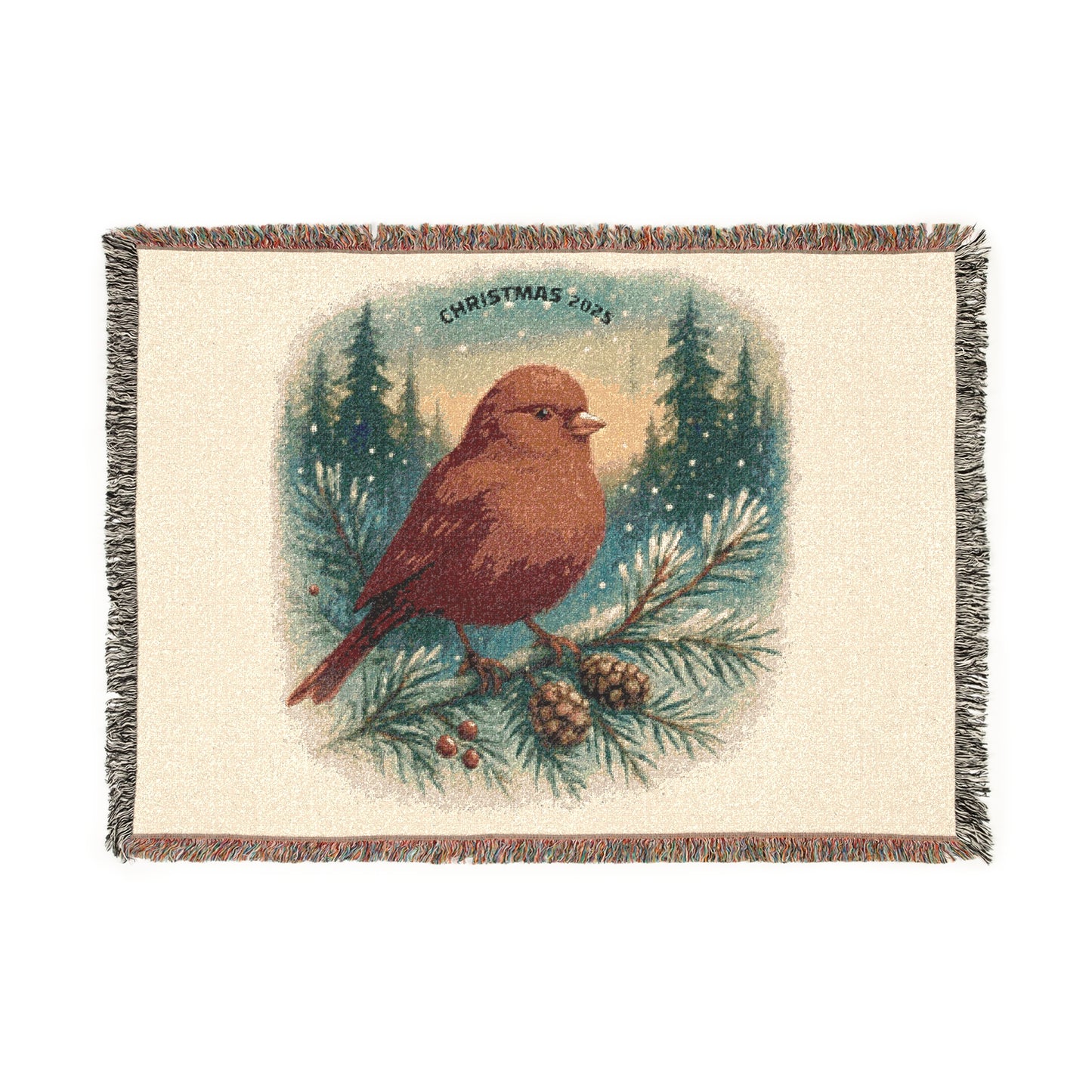 Vintage Robin Bird Woven Blanket | Pine Cone Forest Throw