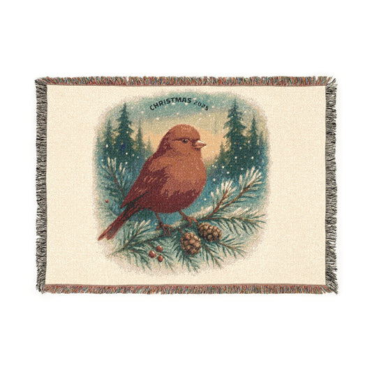 Vintage Robin Bird Woven Blanket | Pine Cone Forest Throw